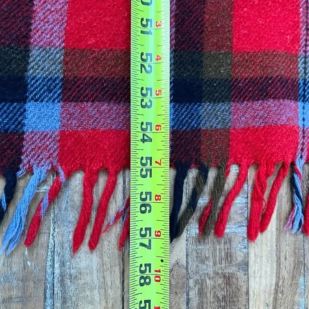Vintage Red Tartan Plaid Fringed Wool Throw Blanket 49 x 55 in